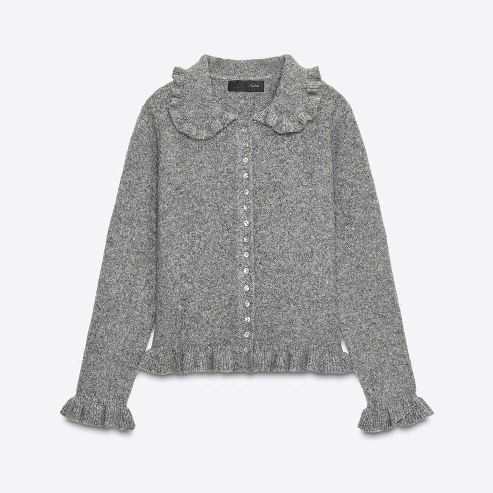 Zara Gray Button-Front Ruffle Hem Cardigan - Picture 2 of 5